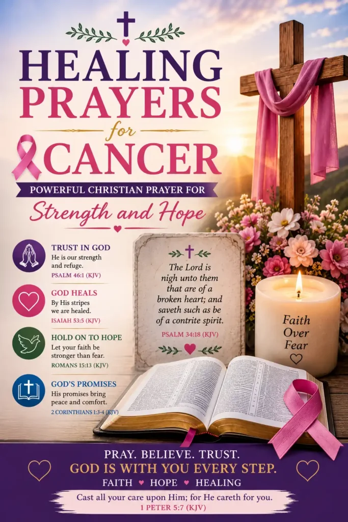 Healing Prayers for Cancer, image showing open Bible, wooden cross, pink ribbon for cancer awareness, beautiful flowers, candle and uplifting Christian prayer for strength and hope.