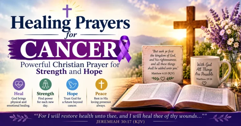 Healing Prayers for Cancer featured image with an open Bible, wooden cross, pink cancer awareness ribbon, flowers, candle, and uplifting Christian prayer for strength and hope.