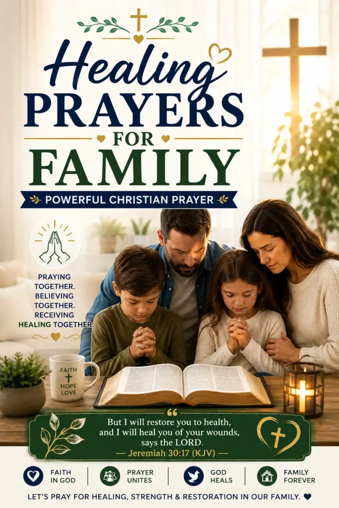 Healing Prayers for Family with a Christian family praying together around a Bible