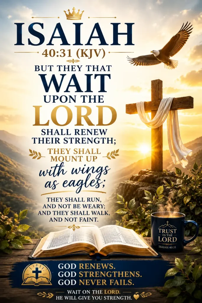 Isaiah 40:31 KJV Bible verse with eagle, cross and open Bible