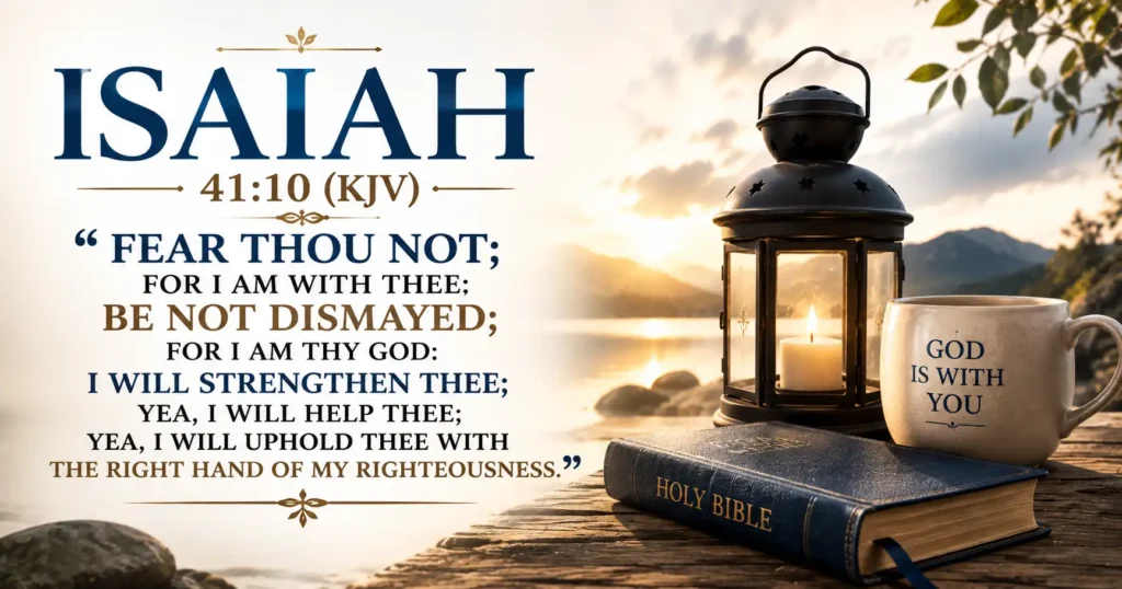 Isaiah 41:10 KJV Bible verse with cross, open Bible, and mountain sunrise