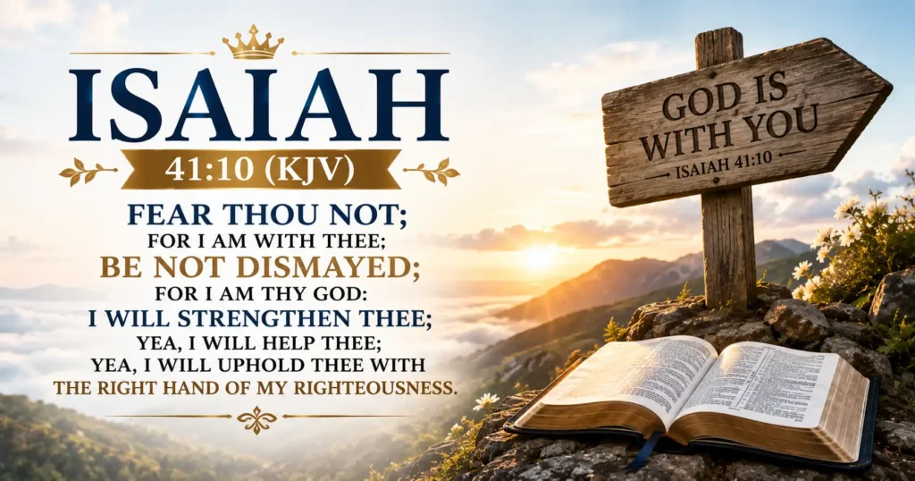 Isaiah 41:10 KJV Bible verses with cross, open Bible and mountain sunrise.
