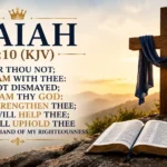 Isaiah 41:10 KJV Bible verse with crosses, open Bible, and mountain sunrise;.