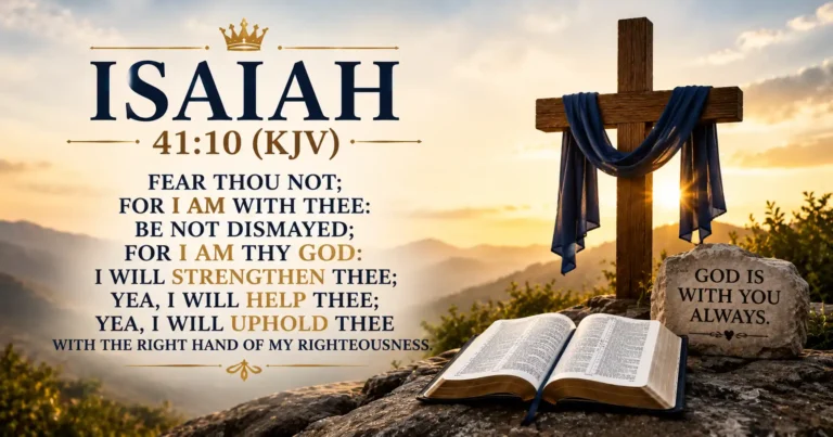 Isaiah 41:10 KJV Bible verse with crosses, open Bible, and mountain sunrise;.