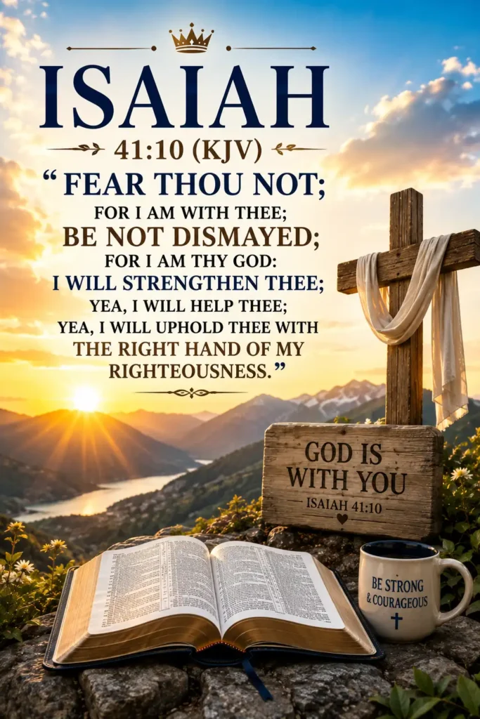 Isaiah 41:10 KJV Bible verse with cross, open Bible, and mountain sunrise