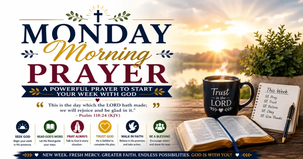 Monday morning prayer image with open bible, sunrise, cross, prayer journal and a message about beginning the week with the Lord.
