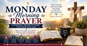 Monday Morning Prayer with a Bible opened, sunrise, cross, prayer journal, and a message about beginning the week with the Lord.