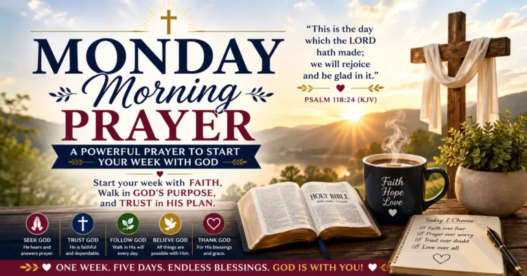 Monday Morning Prayer with a Bible opened, sunrise, cross, prayer journal, and a message about beginning the week with the Lord.
