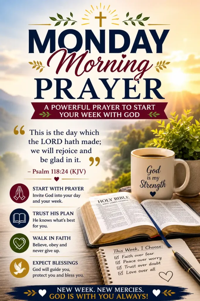 Open KJV Bible on Morning Prayer Pinterest image with sunrise, prayer journal, Christian icons and the message " Kick Starting the Week with God"