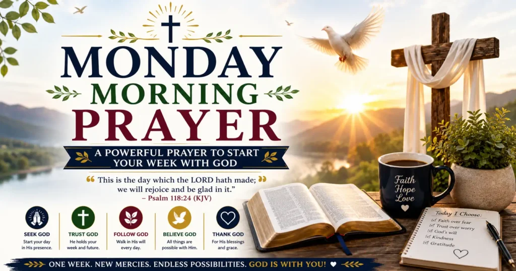 Monday Morning Prayer with an open Bible, sun rise, cross, prayer journal and message about starting the week with God.