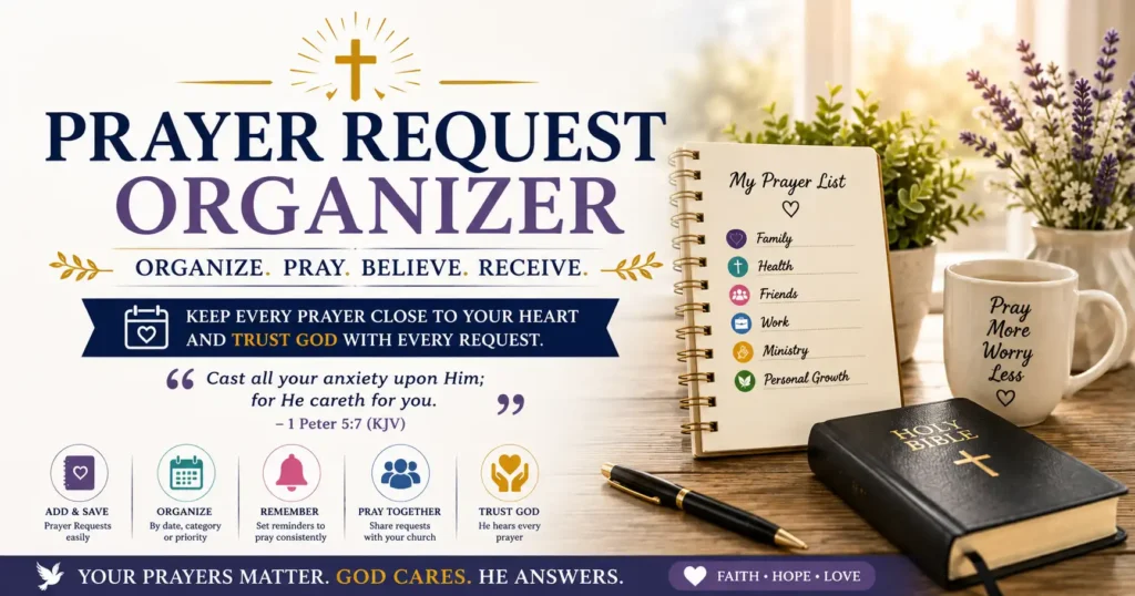 Prayer Request Organizer with open Bible, prayer journal, notebook, cross, lantern, and Christian prayer planning workspace.