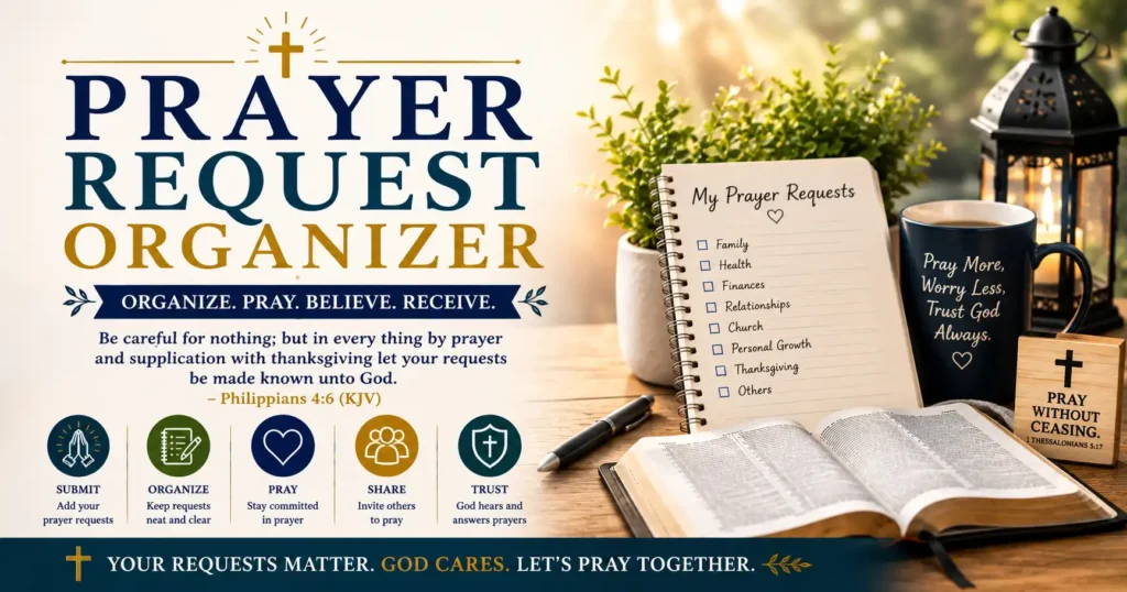 Prayer request organizer with open Bible, prayer journal, notebook, cross, lantern, and Christian prayer scheduling work station.