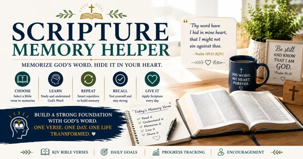 Bible Memory Aid with open Bible, journal to record verses, wooden cross, Christian Bible verses memorization aid and coffee mug.