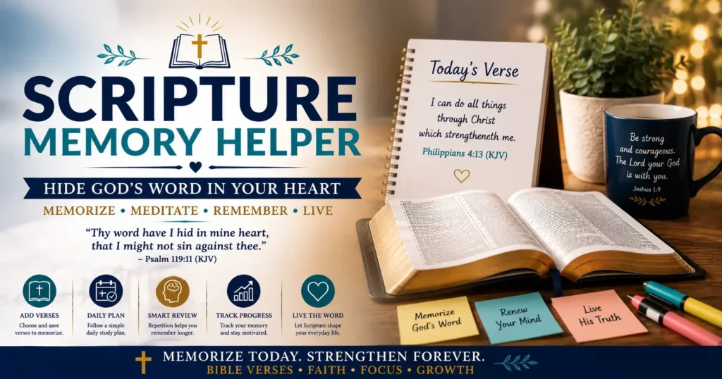 God's Word Memory Helper an open Bible, journal with verses, wooden cross, coffee mug and Christian Bible verse memory tool.
