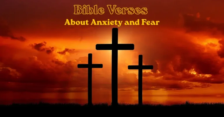 Bible verses about anxiety and fear with three crosses at sunset