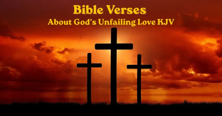 Bible verses about God's unfailing love with three crosses at sunset