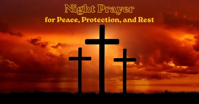 Night prayer with three crosses at sunset, representing peace, protection, and rest