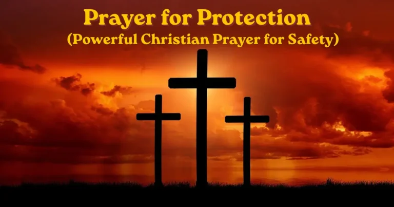 Prayer for protection with three crosses at sunset, representing God's safety and Christian faith