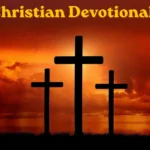 Christian devotionals with three crosses silhouetted against a sunset