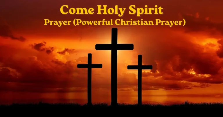 Come Holy Spirit prayer with three crosses at sunset representing Christian faith and prayer