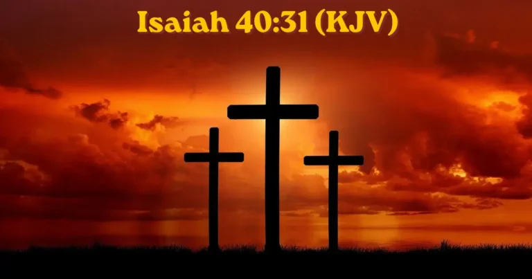 Isaiah 40:31 KJV Bible verse with three crosses at sunset